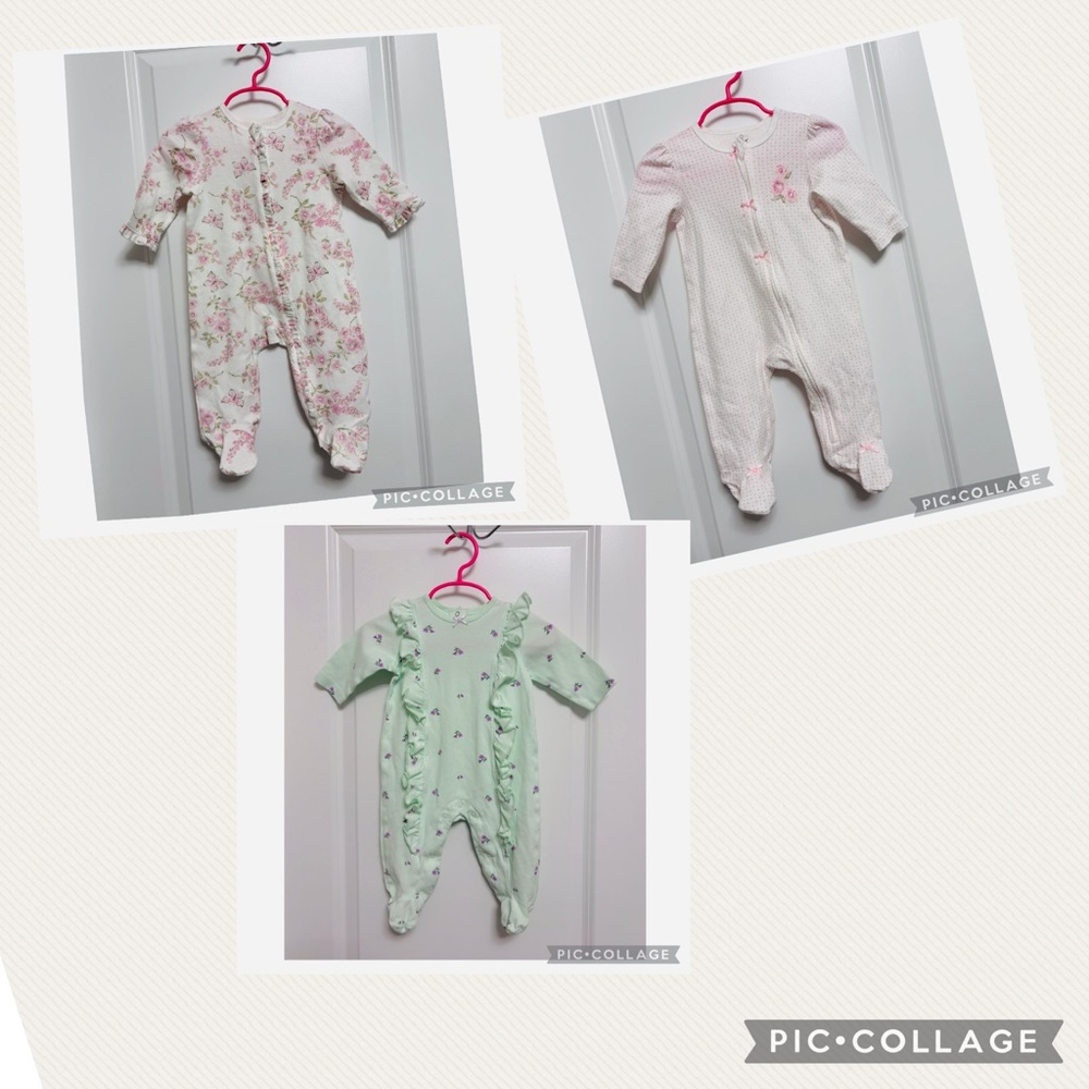 NEW 3 LITTLE ME BABY GIRL ONESIES FOOTIES SLEEPER PAJAMAS / 2 ZIPPER 1 SNAP